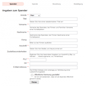 Screenshot des BSS Spendenformulars